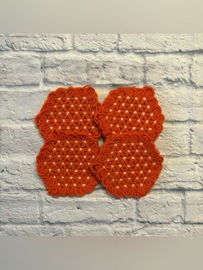 Vintage hand-knit orange floral-stitched coasters (4 count)